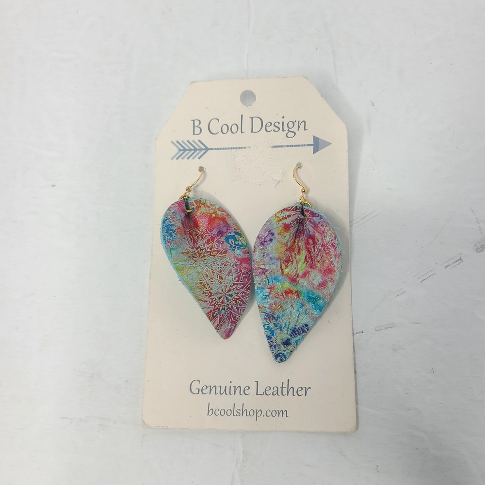 B Cool Design Genuine Leather Leaf Earrings Colorful Boho Mandala Print‎